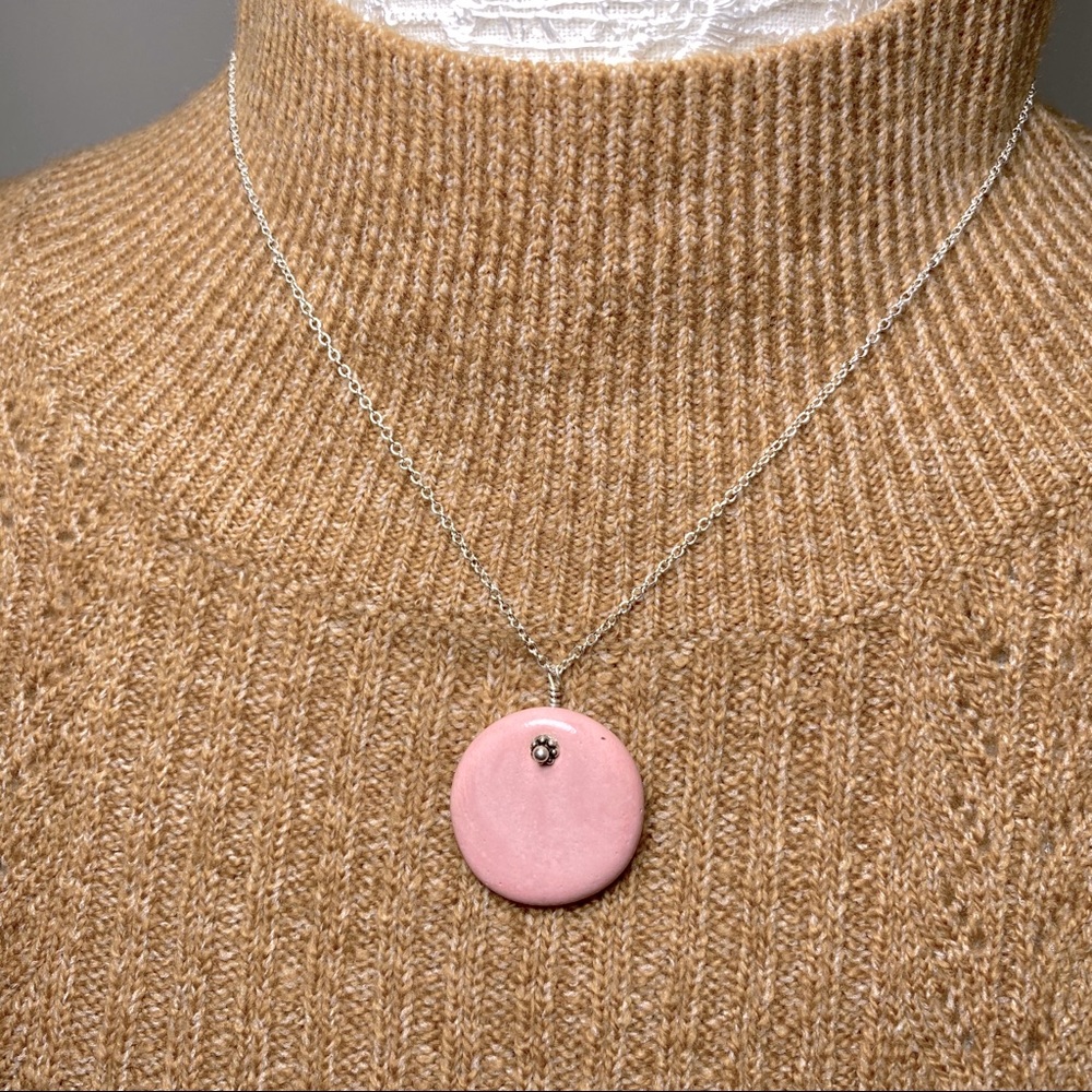 Pink Ceramic Bead Necklace with Silver Chain
